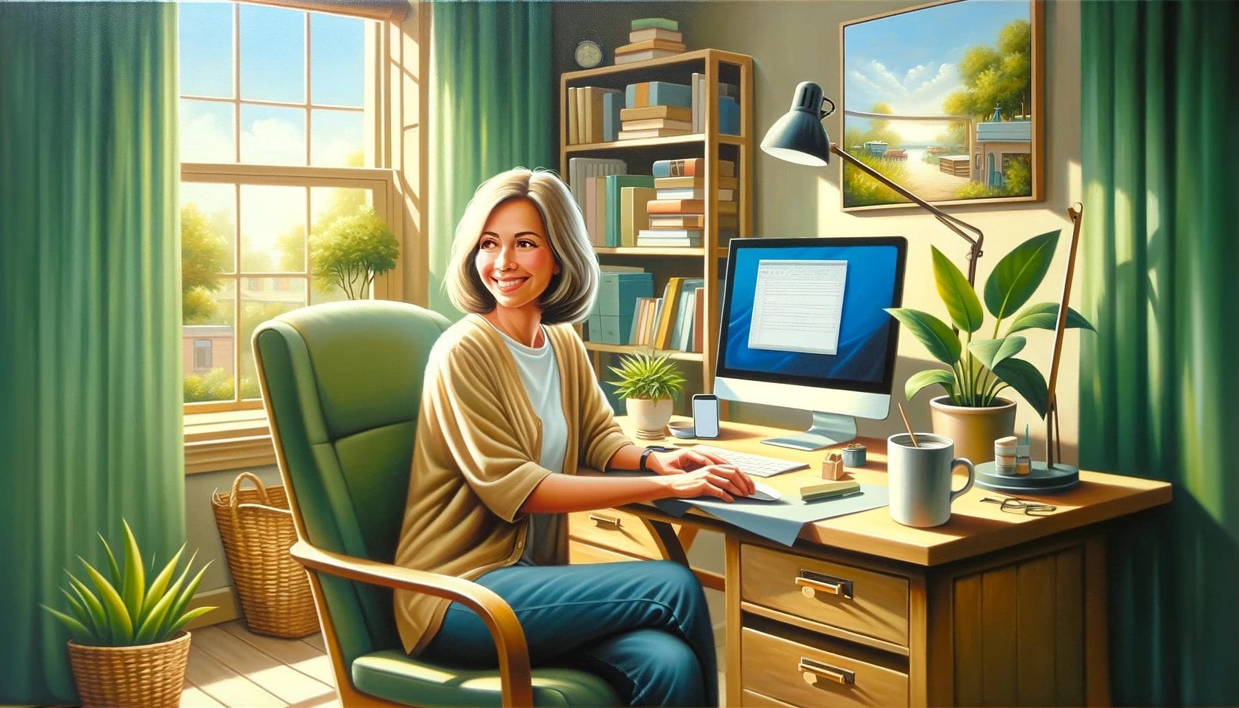 Kvinna som sitter och jobbar vide ett skrivbord och kan hålla fokus på hemmakontoret